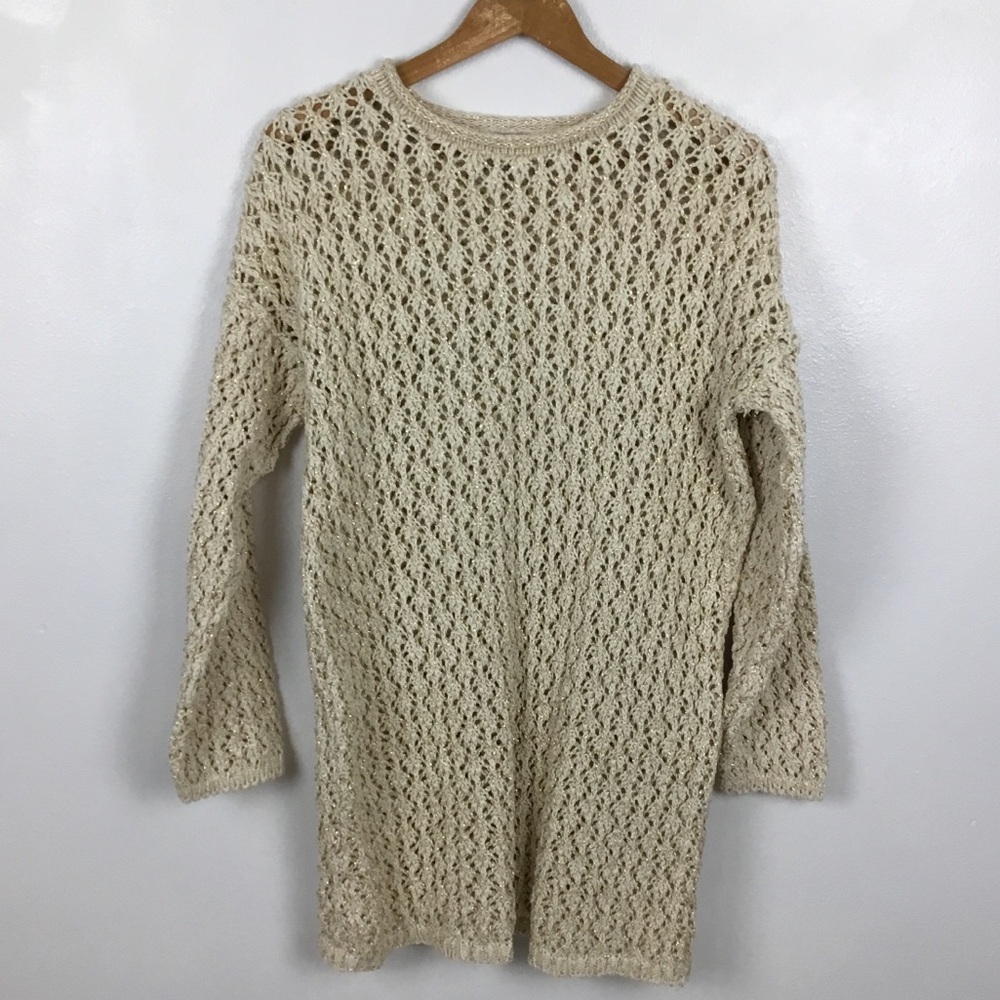 Vintage Crochet Open Knit Gold Metallic Thread Mini Dress OSFM